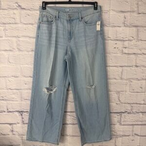 Old Navy Mid Rise Baggy Wide Leg Distressed Ripped Jeans Light Wash Size 12 NWT